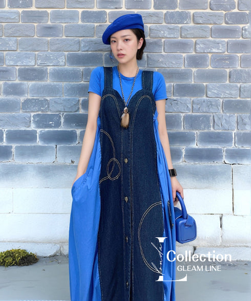 Denim Splicing Suspender Dress