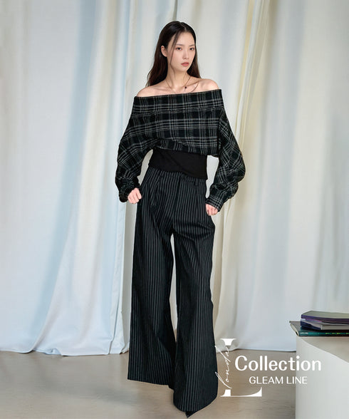 Plaid Off Shoulder Wide Pants Series