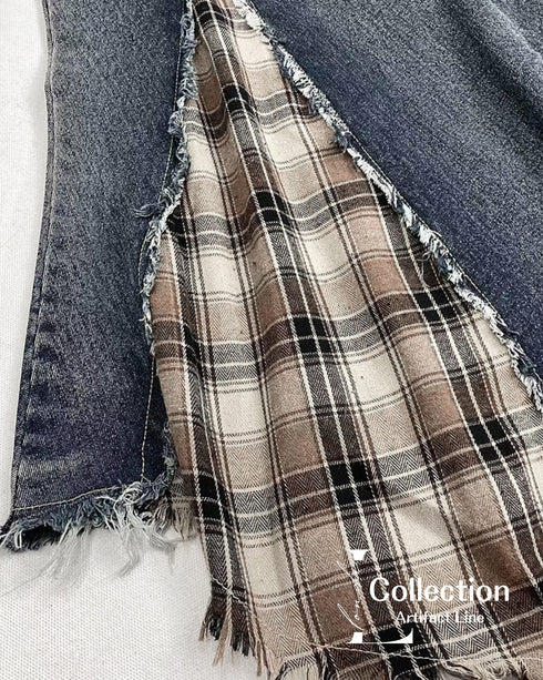 Patchwork Denim Plaid Maxi Skirt