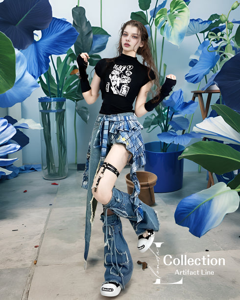 Patchwork Denim Check Skirt & Leg Warmers Co-ord