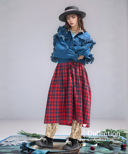 Frilled Denim Check Coat