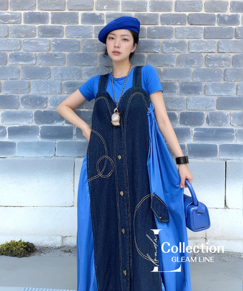 Denim Splicing Suspender Dress