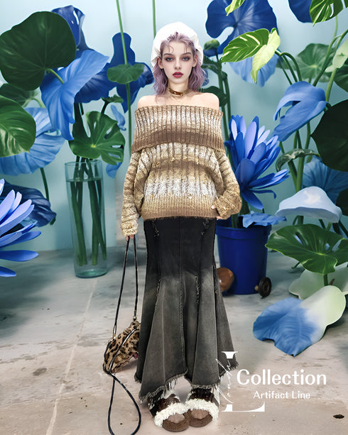 Distressed Flare Denim Maxi Skirt