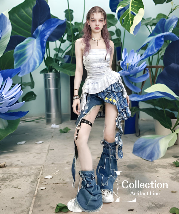 Patchwork Denim Check Skirt & Leg Warmers Co-ord