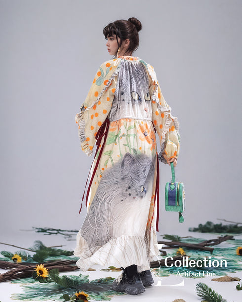 Cat Print Botanical Long Dress