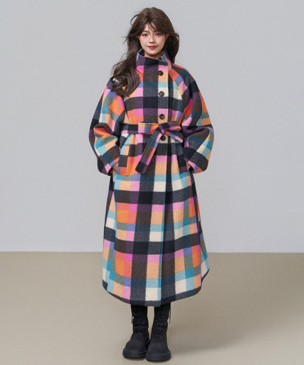 CA-451 Chromatic Check Coat ベルトを結んだ正面全身