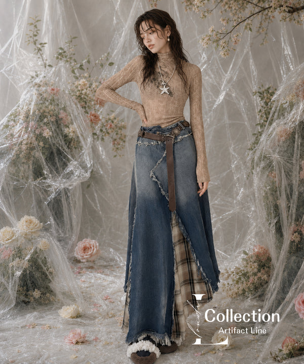 Patchwork Denim Plaid Maxi Skirt