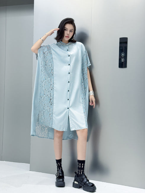 Lace Panel Relaxed Shirt Dress
