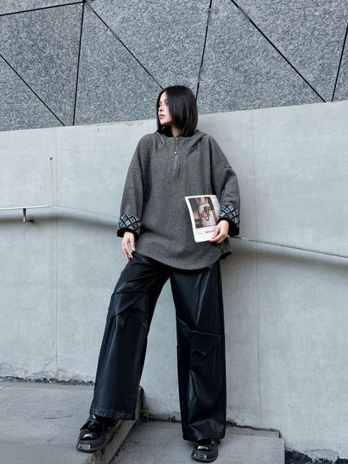 Pattern Cuff Hooded Top