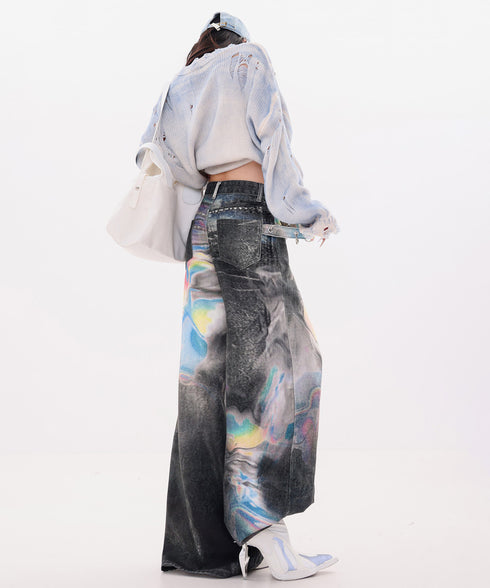 Iridescent Print Denim Wide Pants