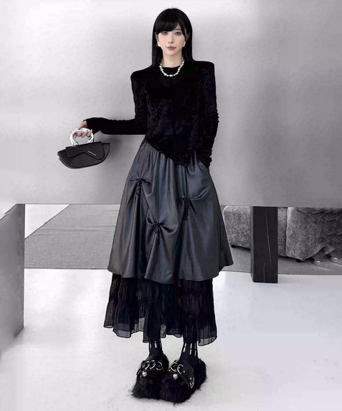 Glossy Gather Lace Hem Maxi Skirt