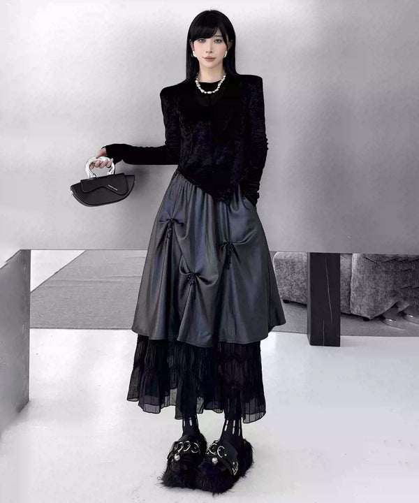 Glossy Gather Lace Hem Maxi Skirt