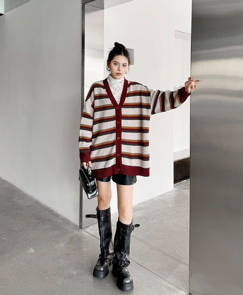 Multi Stripe Loose Knit Cardigan