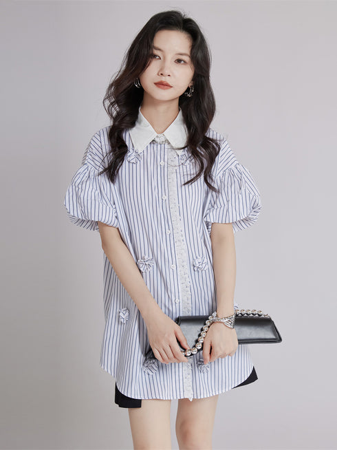 Striped Flower Puff Blouse