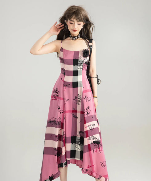 Graffiti Plaid Frill Dress