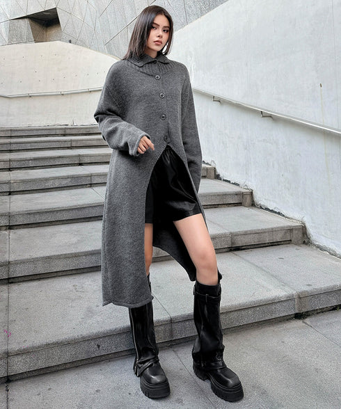 Asym Button Long Knit Top