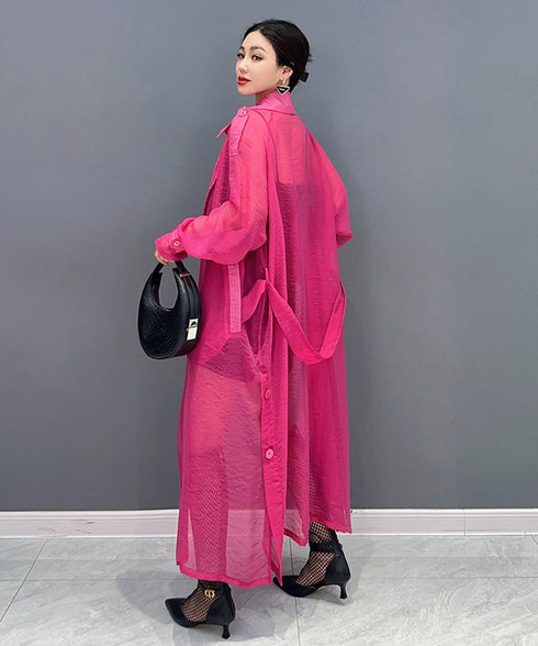 Sheer Belted Long Cardigan