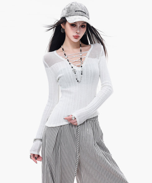 Sheer LaceUp Rib Top