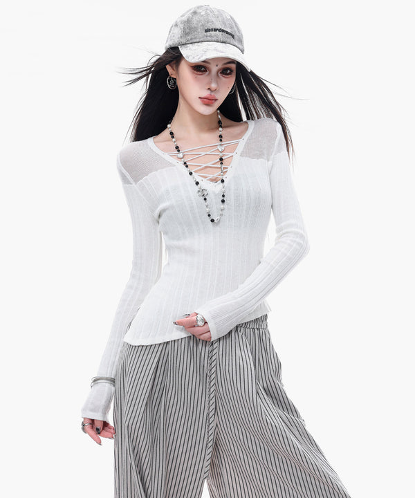 Sheer LaceUp Rib Top