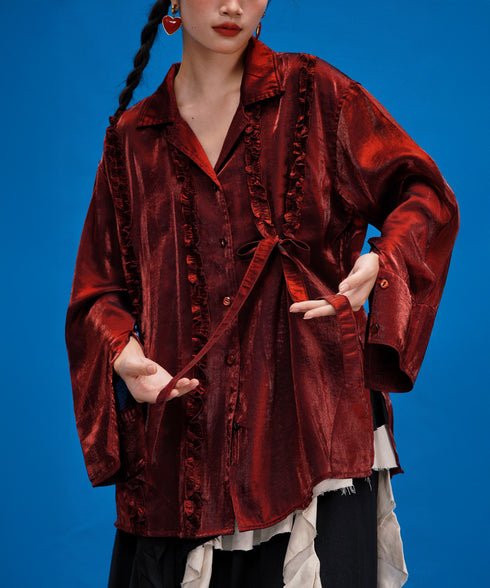 Metallic Ruffle Tie Blouse