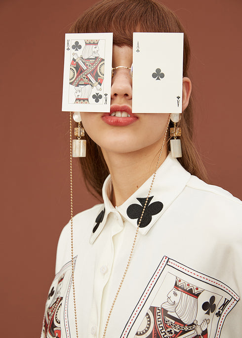 Card Print Collar Blouse