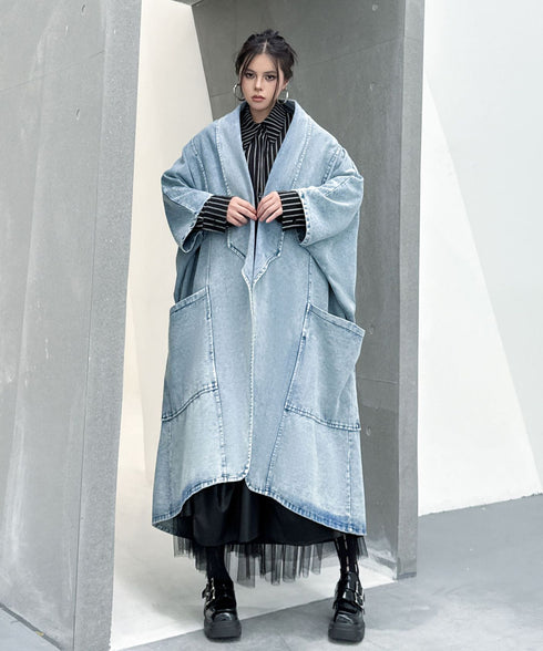 Washed Long Denim Coat