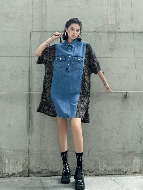 Panel Mix Denim Dress