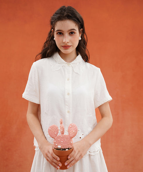 Embroidered Collar Short Sleeve Blouse