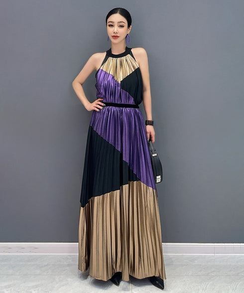 Tri-Color Pleated Halter Dress