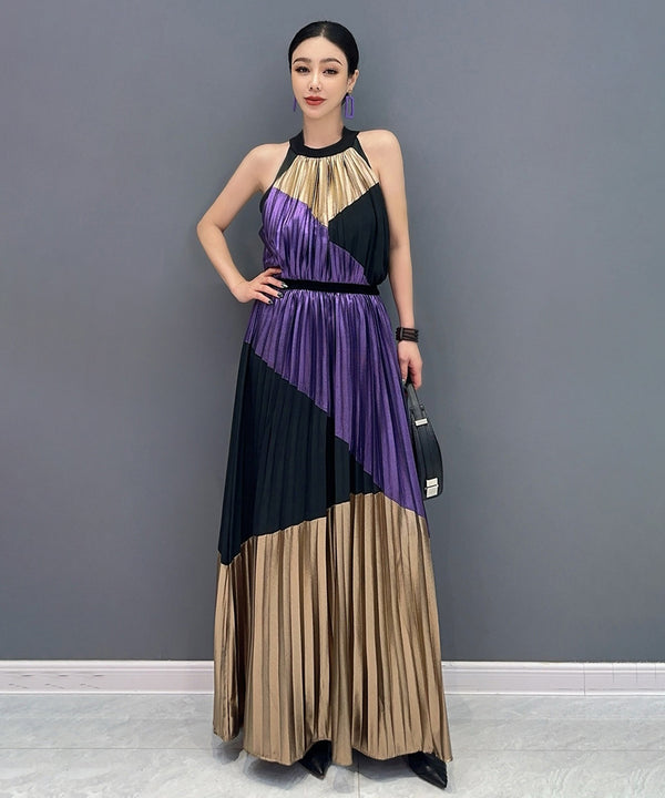 Tri-Color Pleated Halter Dress