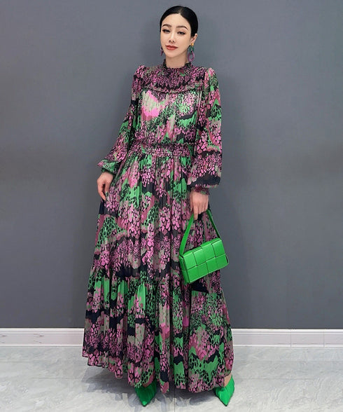 Abstract Print Tiered Long Dress