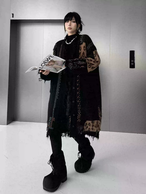 Frayed Leopard Patch Knit Cardigan