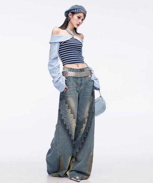 Crystal Dust Washed Wide Denim Pants