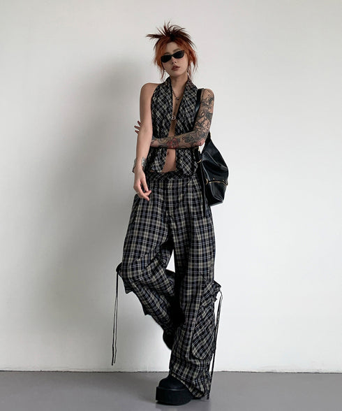 Plaid Vest Top & Cargo Wide Pants Series