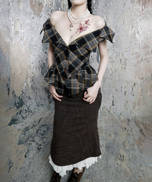 Plaid Edge Frill Blouse