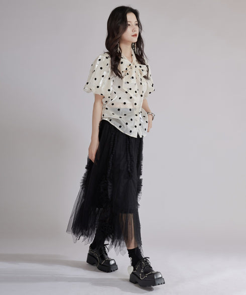 Glossy Dot Bow Blouse