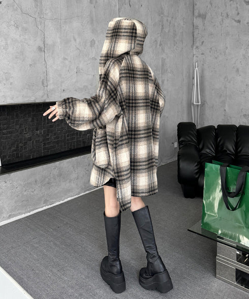 Oversized Plaid Hooded Coat