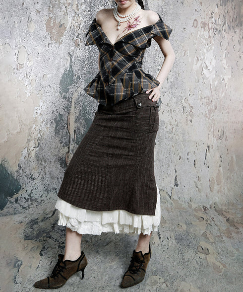 Plaid Edge Frill Blouse