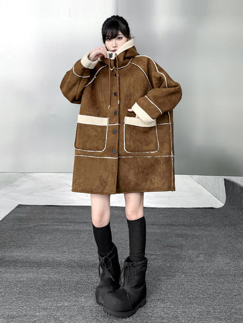 Hooded Faux Shearling Patch Coat