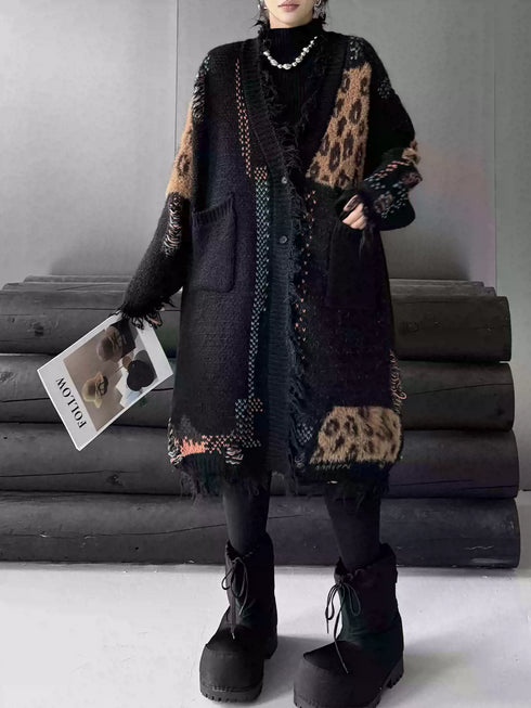 Frayed Leopard Patch Knit Cardigan