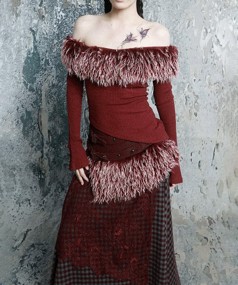 Feather Trim Offshoulder Knit Top