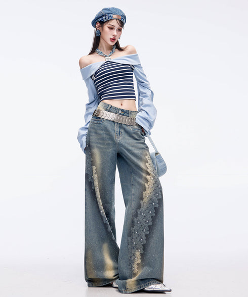 Crystal Dust Washed Wide Denim Pants