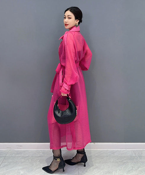 Sheer Belted Long Cardigan