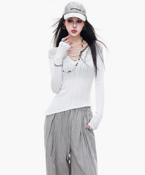 Sheer LaceUp Rib Top