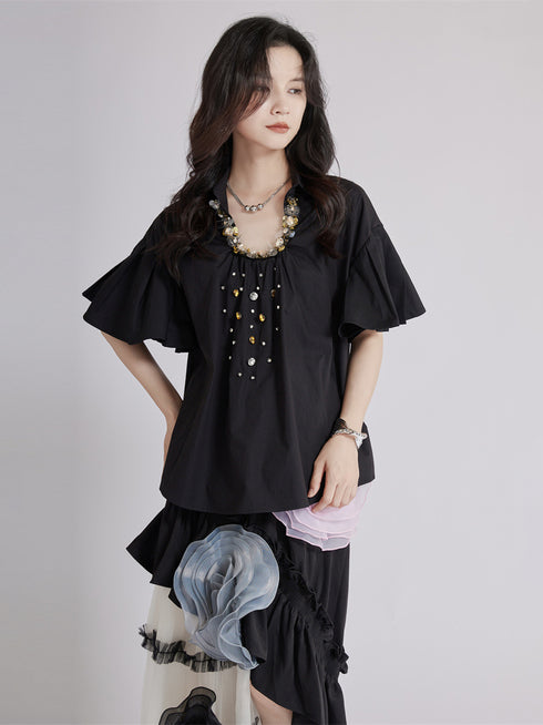 Beaded Collar Flare Blouse