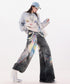 Iridescent Print Denim Wide Pants