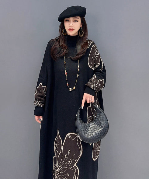 Floral Motif Knit Long Dress
