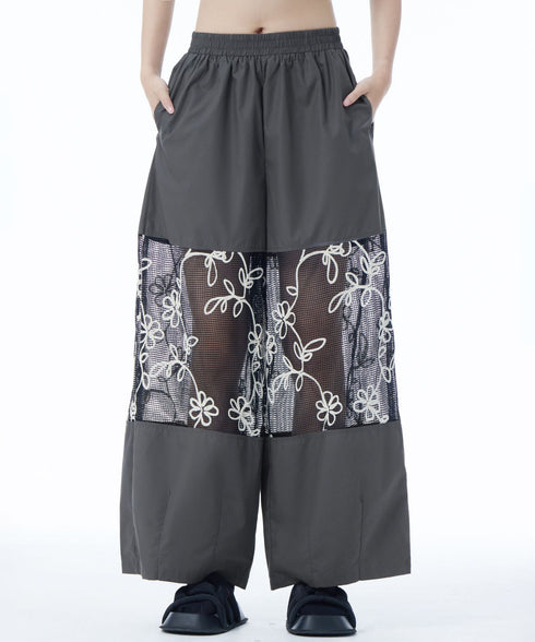 Sheer Floral Mesh Wide Pants