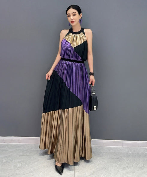 Tri-Color Pleated Halter Dress