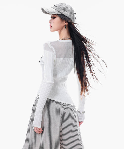 Sheer LaceUp Rib Top